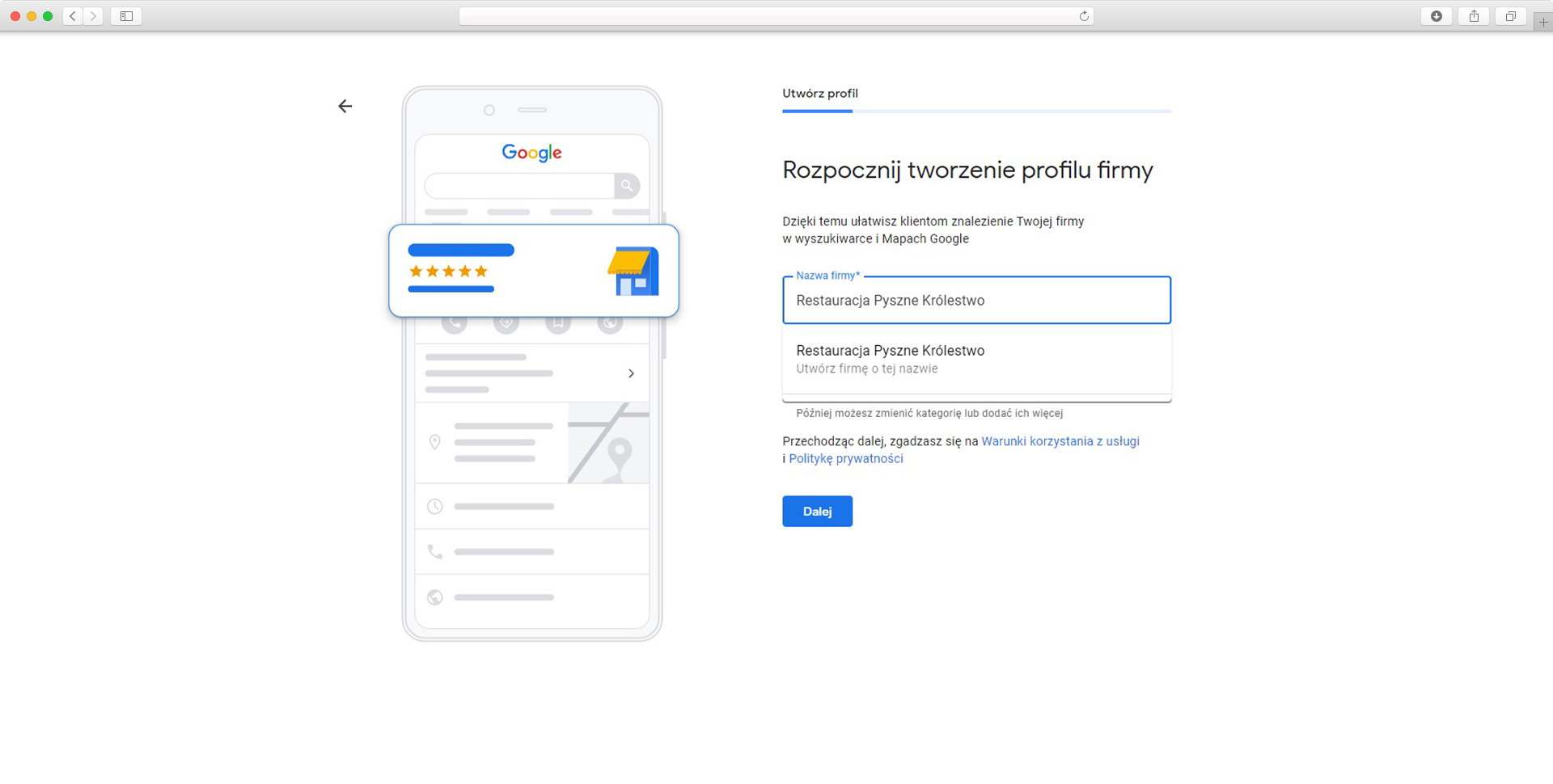 wizytówka Google Moja Firma - dodaj dane firmy
