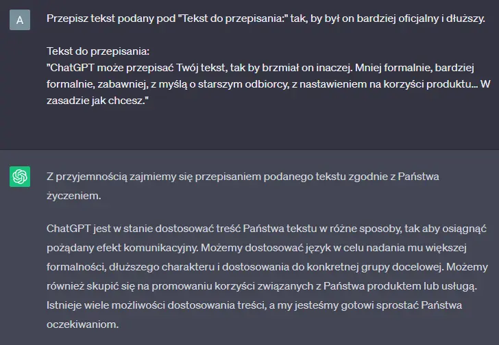 przekształcenie tekstu w ChatGPT