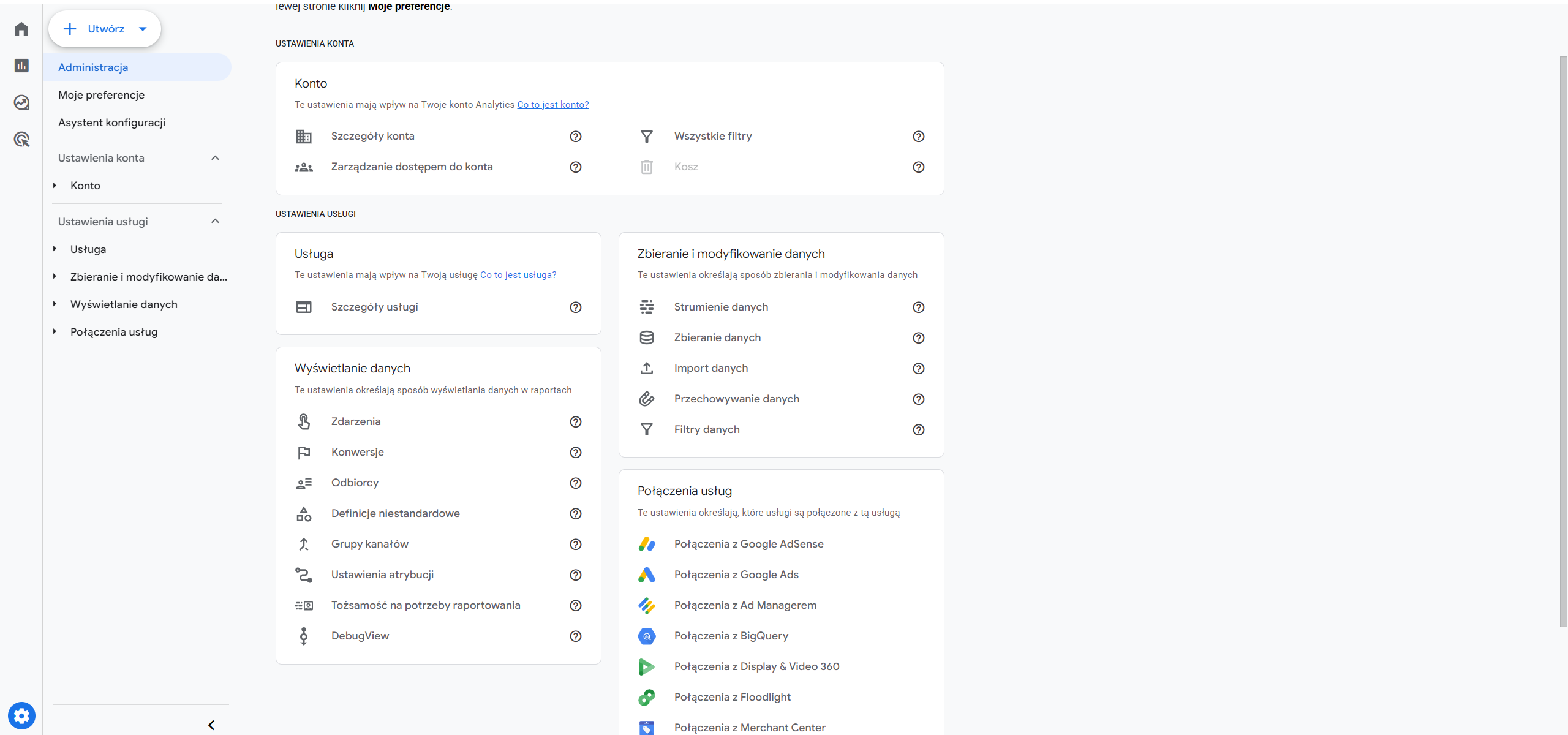 interfejs Google Analytics 4 - administracja