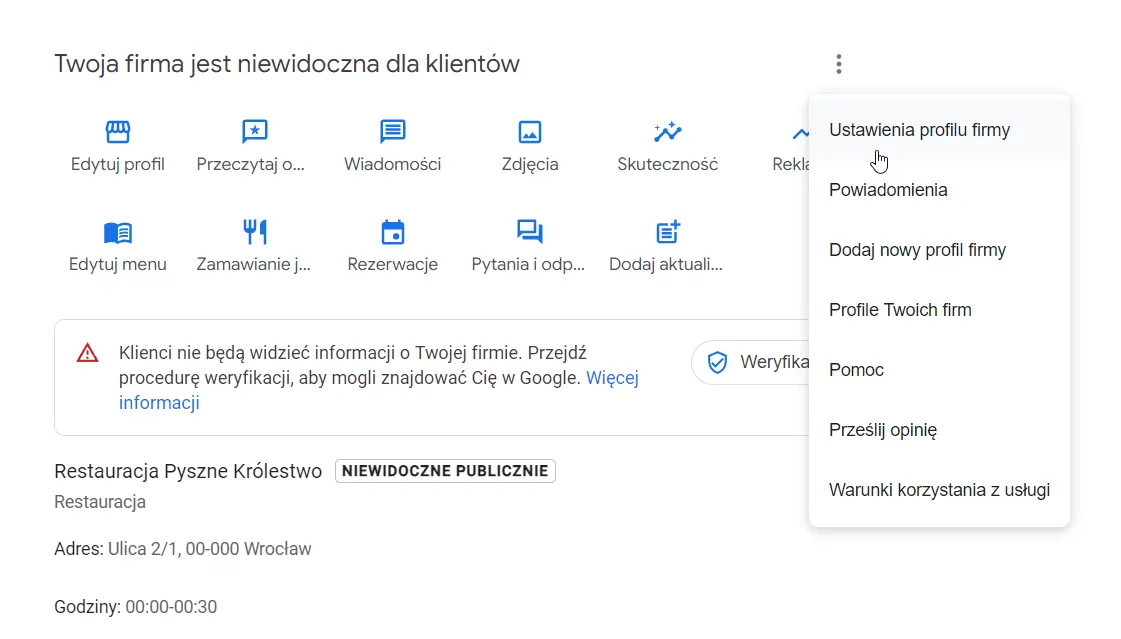 wizytówka Google Moja Firma - ustawienia profilu