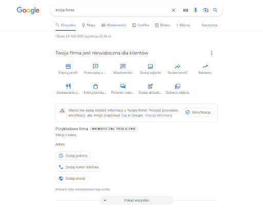 menu profilu Google Moja Firma w wyszukiwarce
