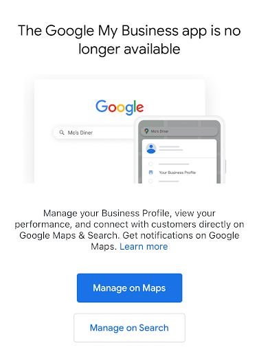 informacja o wyłączeniu aplikacji Google Moja Firma