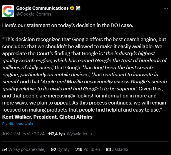 Wpis Google w sprawie orzeczenia Departamentu Sprawiedliwości