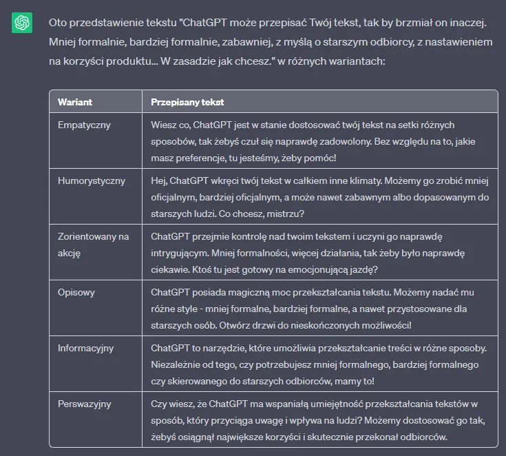przekształcenie tekstu w ChatGPT