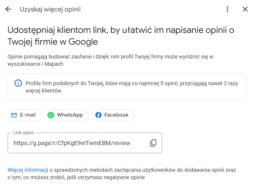 wizytówka Google Moja Firma - więcej opinii