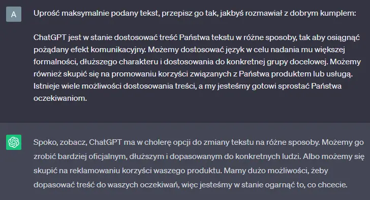 przekształcenie tekstu w ChatGPT