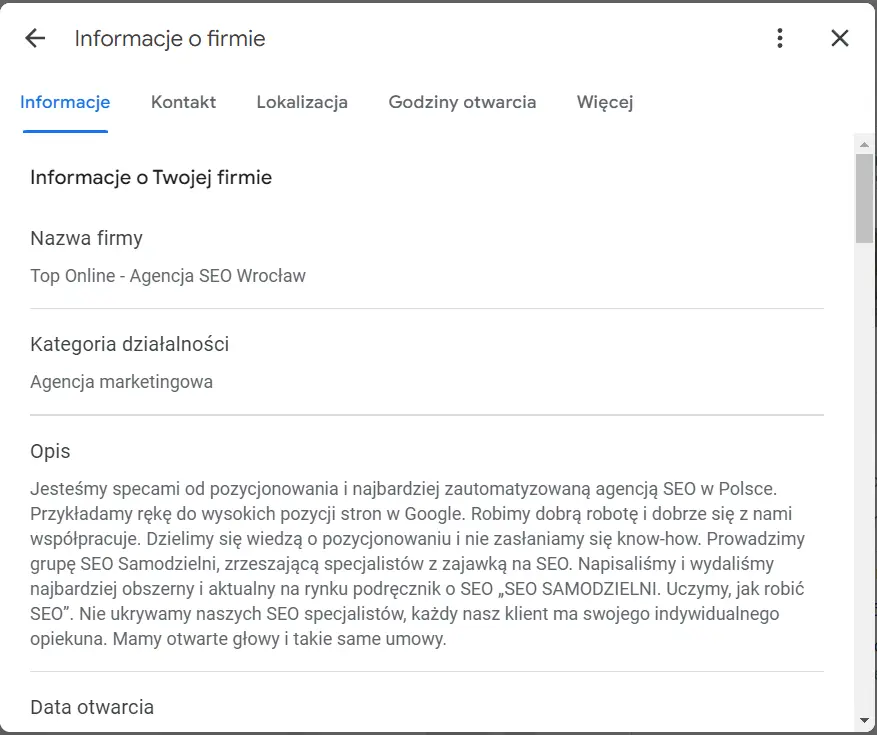 wizytówka Google Moja Firma - opis firmy