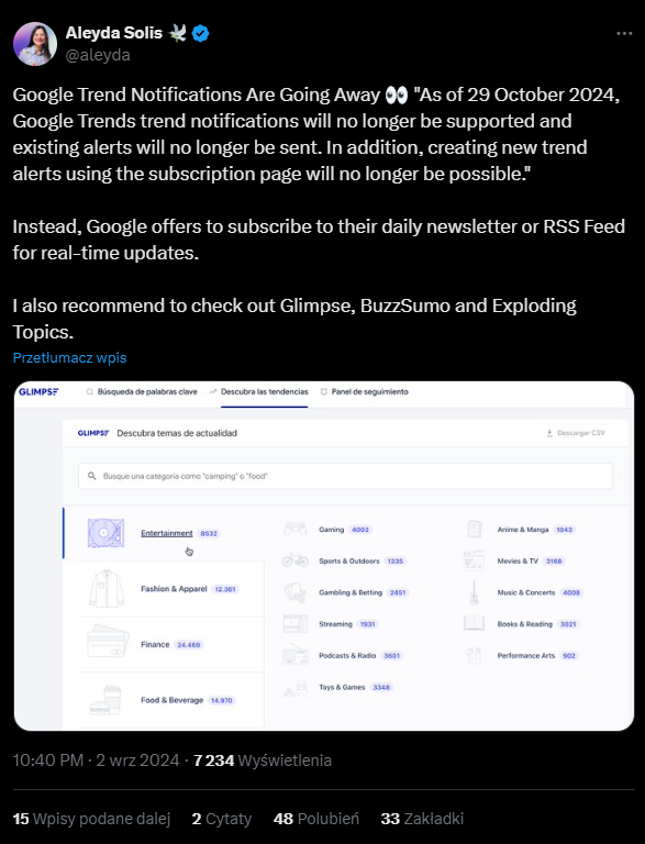 Wpis na temat zakończenia subskrypcji Google Trends