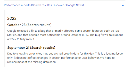 usunięta notka Google o anomaliach danych w Search Console