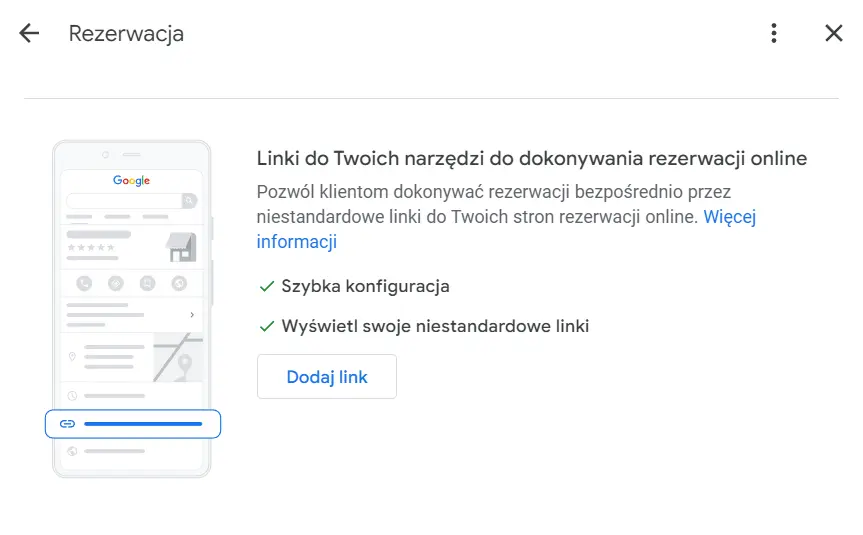 wizytówka Google Moja Firma - rezerwacje