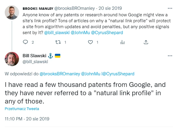 Bill Slawki twittujący, że pojęcie profil linków nie pada w żadnym patencie Google