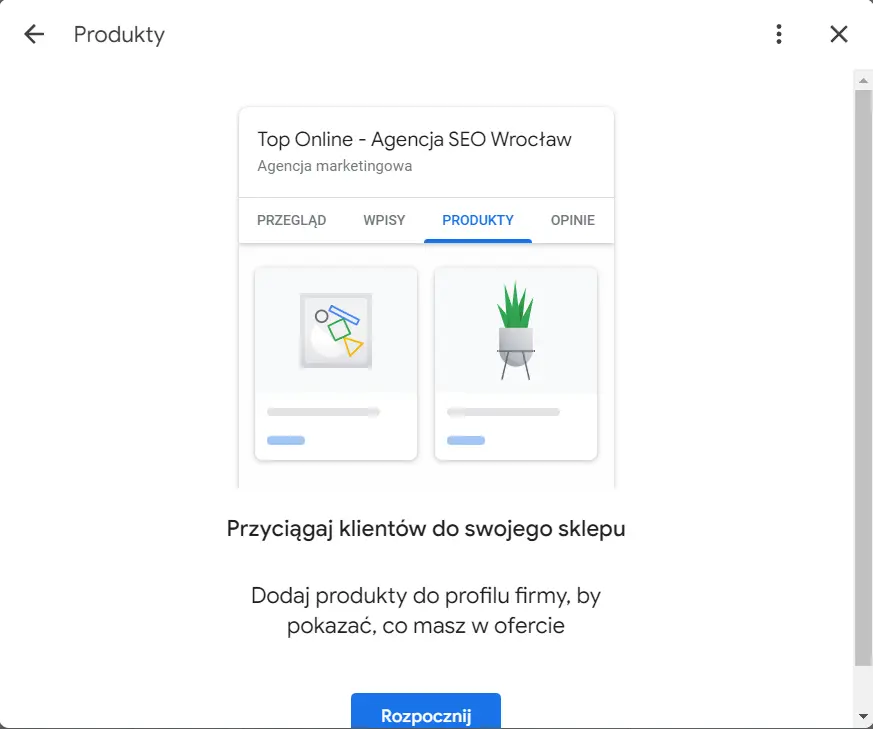 wizytówka Google Moja Firma - produkty