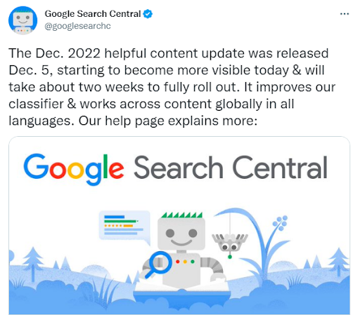 twitt o ogłoszeniu Helpful Content Update przez Google
