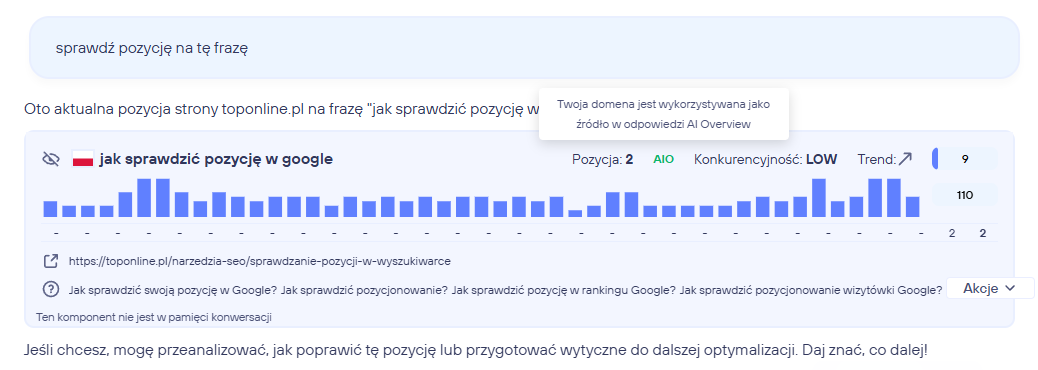 Analiza wyników AI Overviews w narzędziu YOSA.
