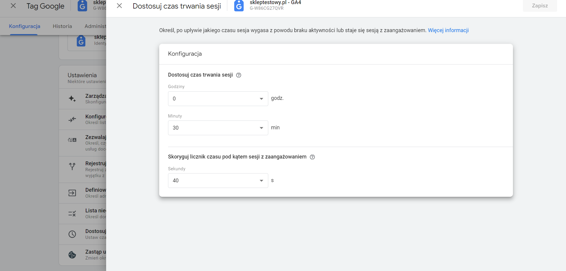 konfiguracja Google Analytics 4 - czas trwania sesji