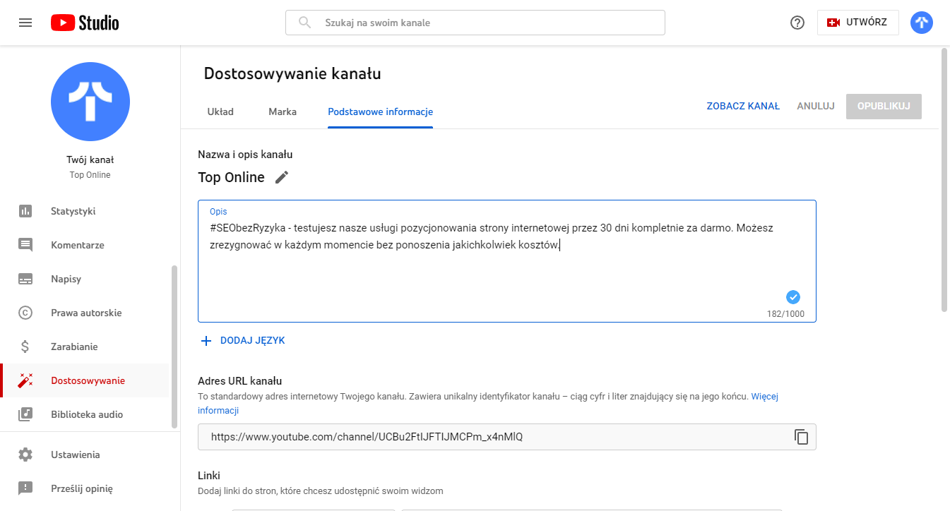 ustawienia nazwy i opisu kanału YouTube