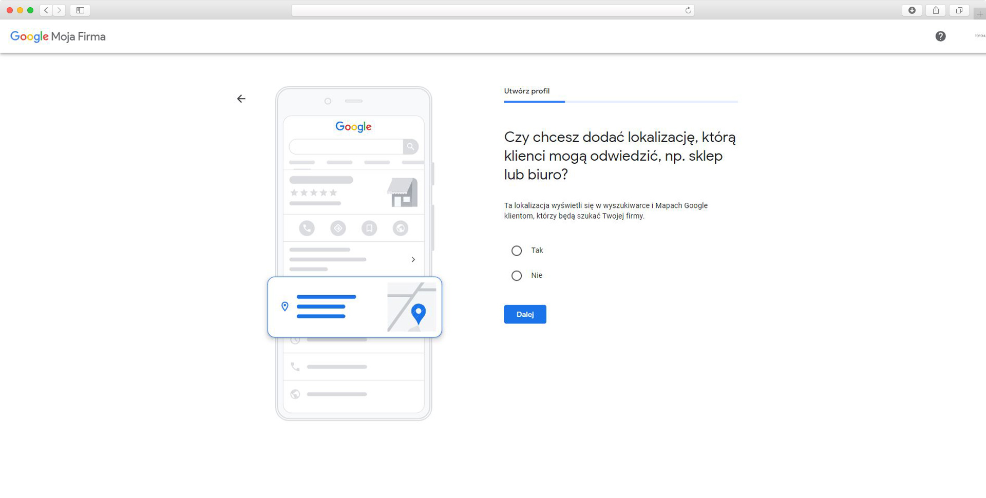 wizytówka Google Moja Firma - lokalizacja firmy