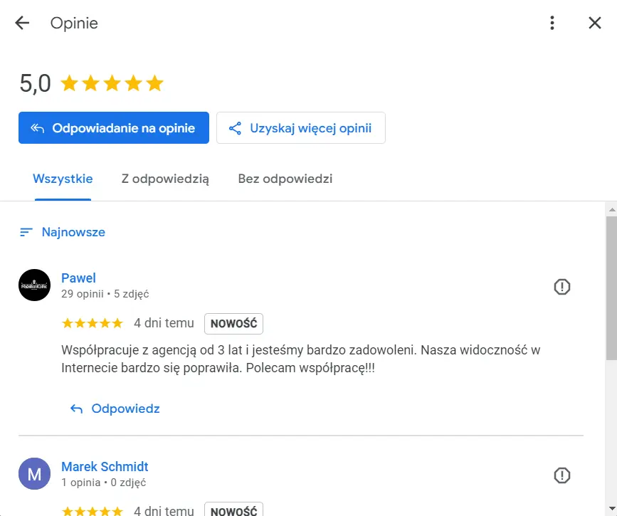 wizytówka Google Moja Firma - opinie