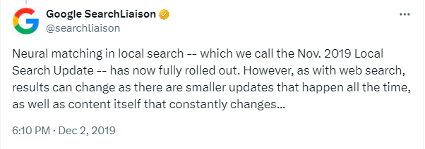 akutalizacje algorytmów Google - twitt o Novemver 2019 Local Search Update