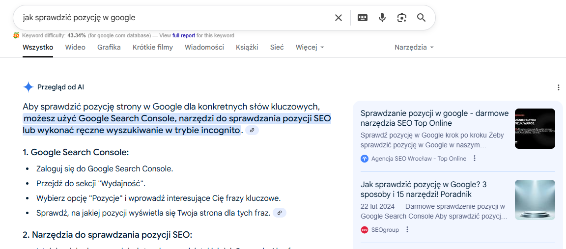 Ręczne sprawdzenie wyników AI Overviews w Google.