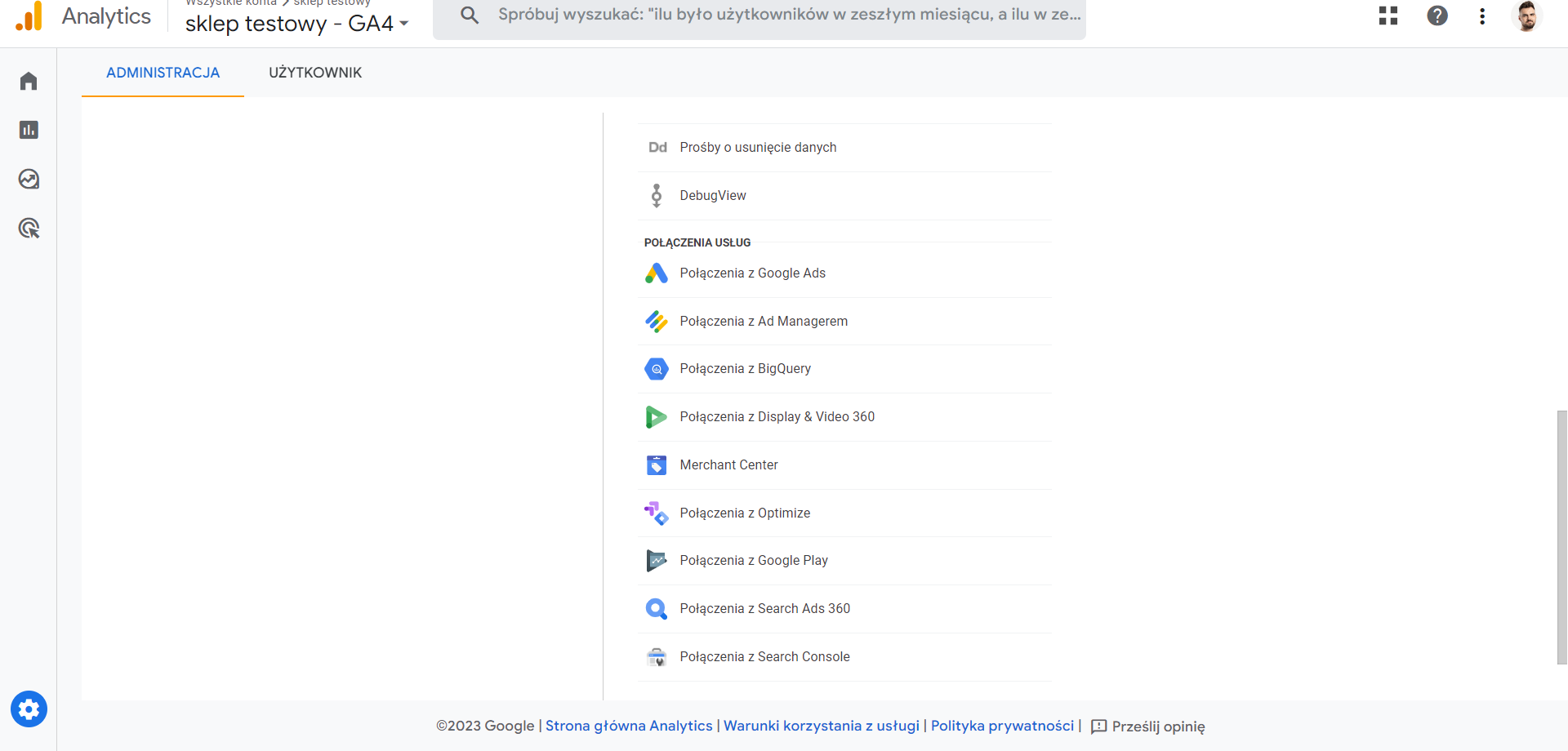 konfiguracja Google Analytics 4 - łączenie usług