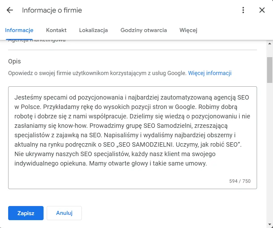 wizytówka Google Moja Firma - ustawianie opisu firmy