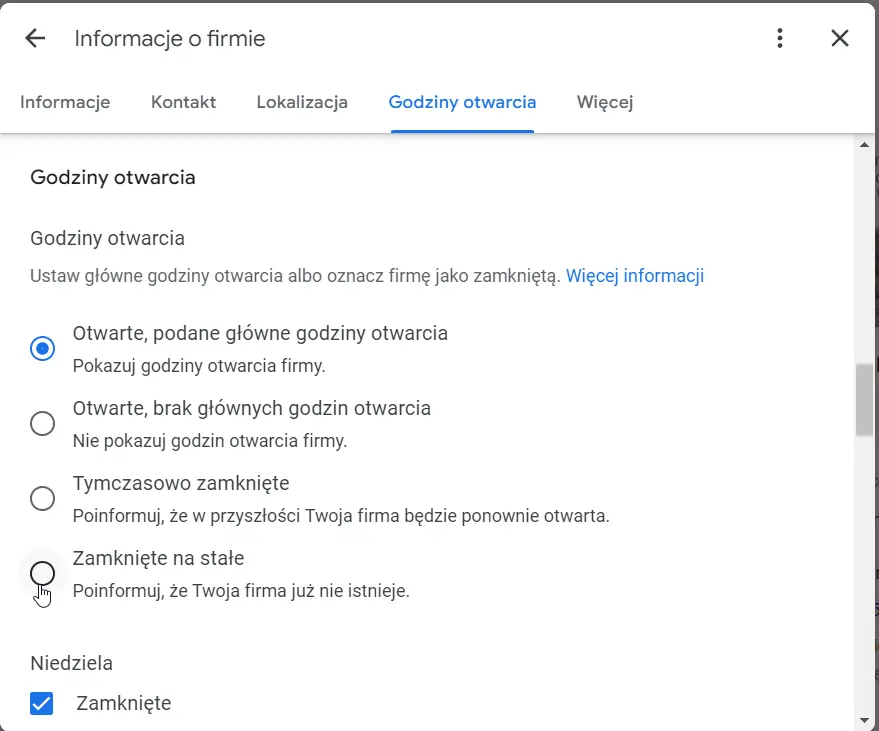 wizytówka Google Moja Firma - zamknięte na stałe