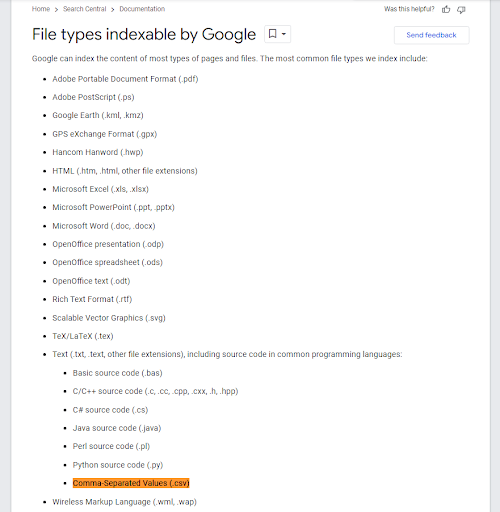 Google indeksuje pliki .csv
