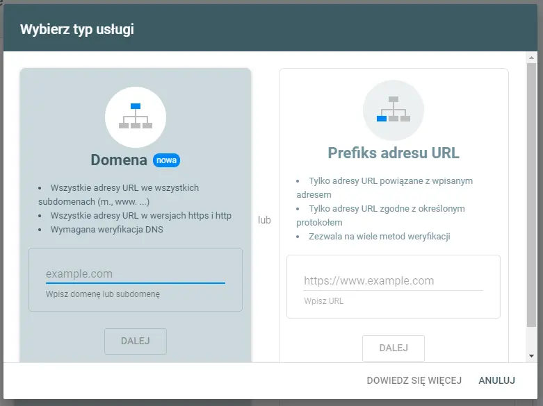 Google Search Console - wybór typu usługi