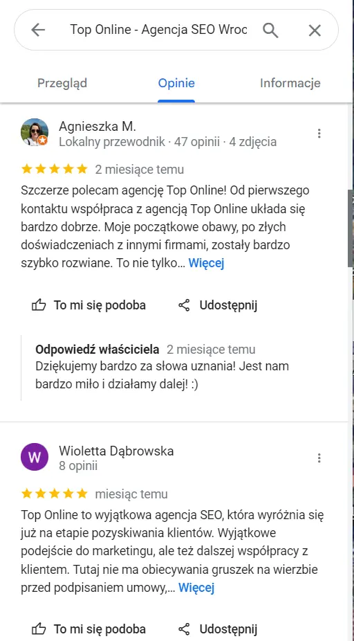 opinie w Google Moja Firma