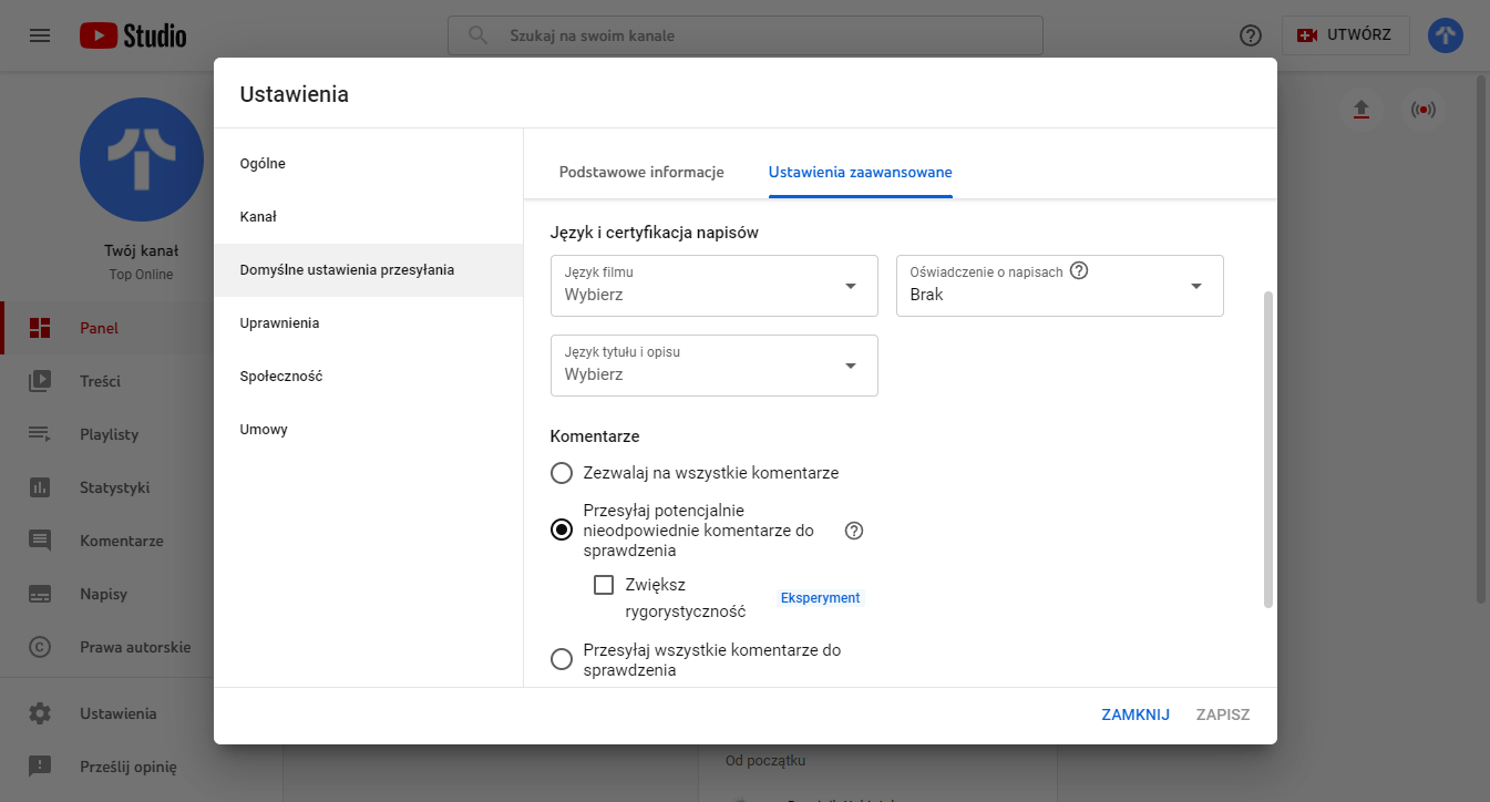 ustawienia języka i komentarzy YouTube