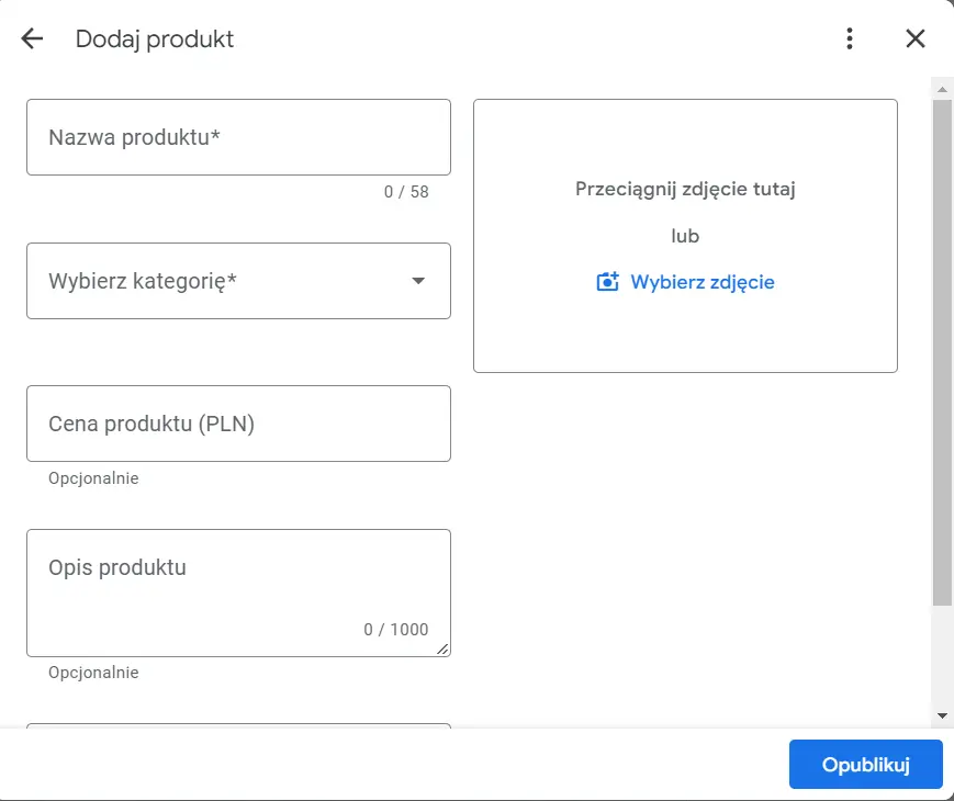 wizytówka Google Moja Firma - produkt