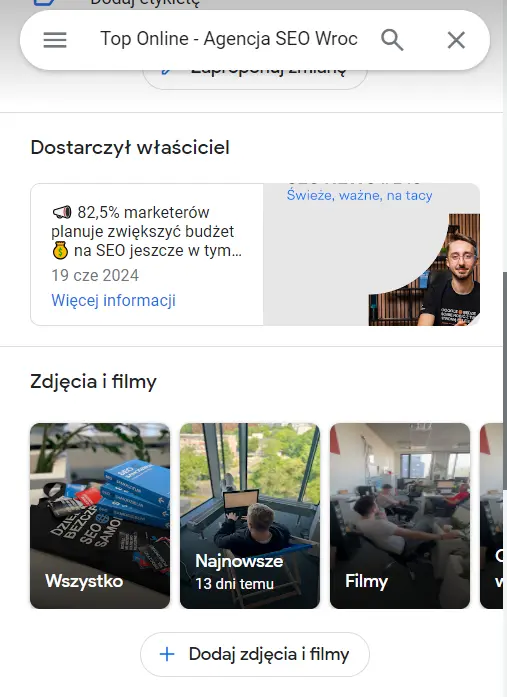 wizytówka Google Moja Firma - aktualizacje wizytowka