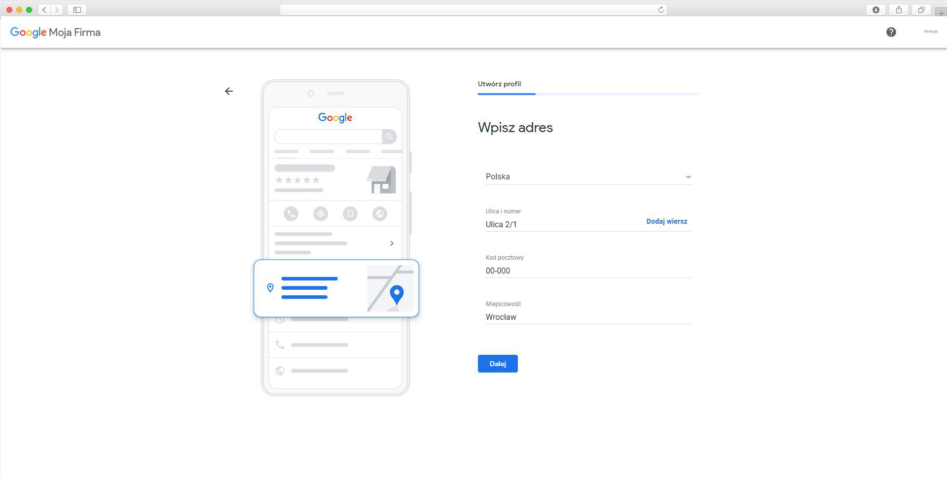wizytówka Google Moja Firma - adres firmy