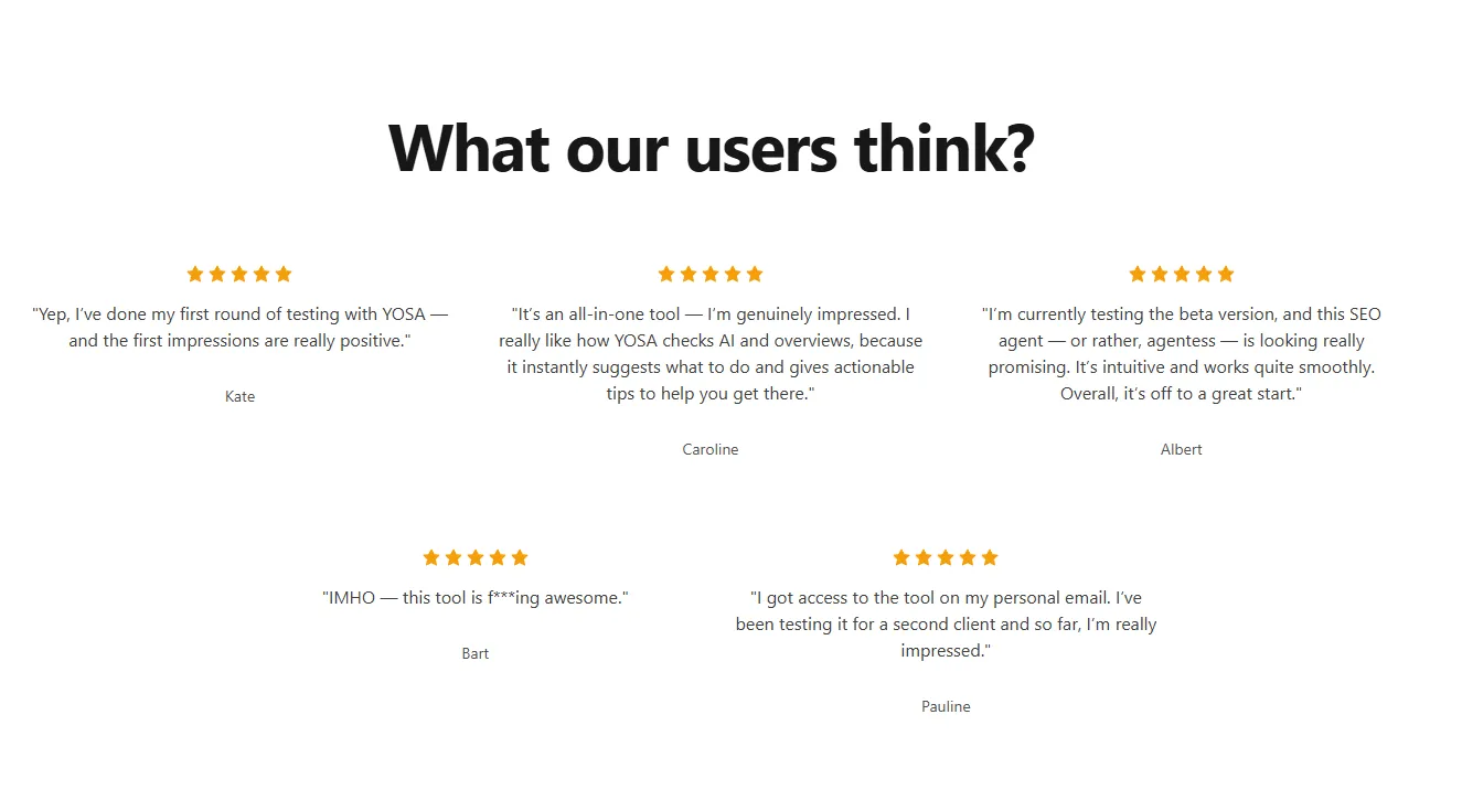Sekcja z opiniami użytkowników na stronie YOSA.