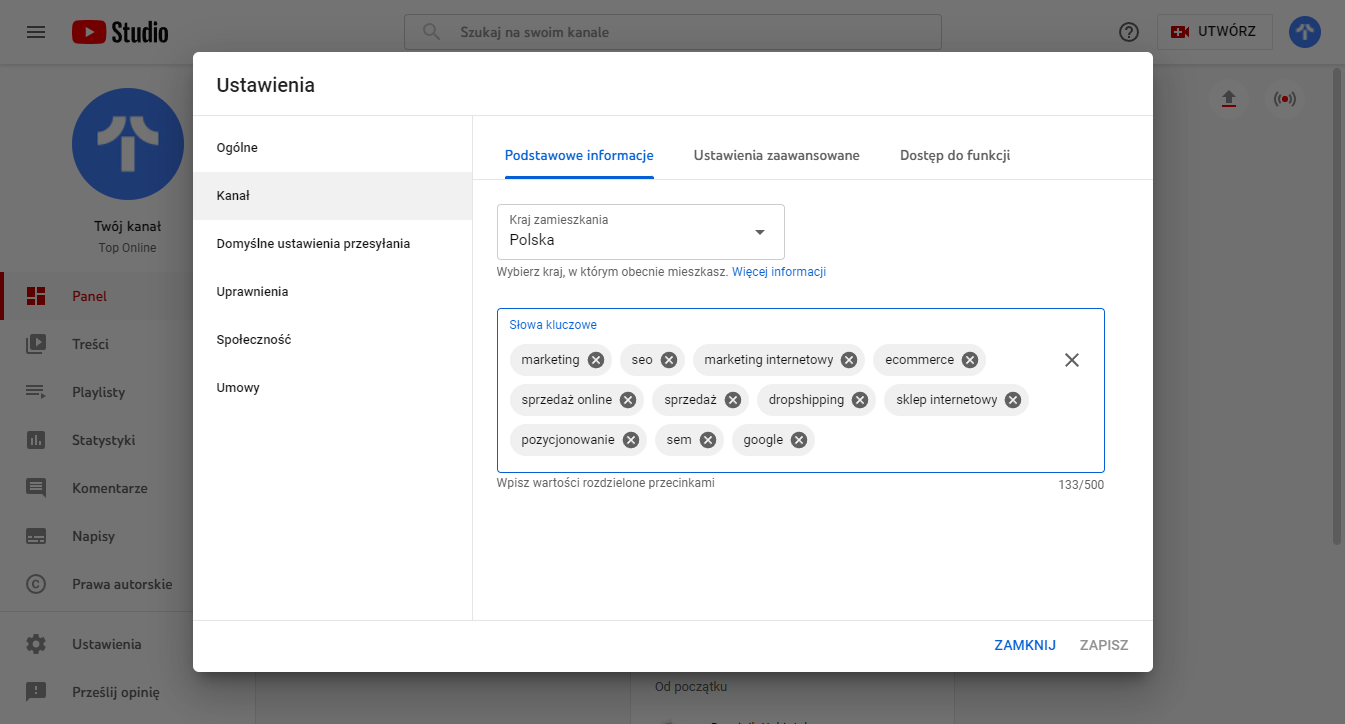 ustawienia słów kluczowych YouTube