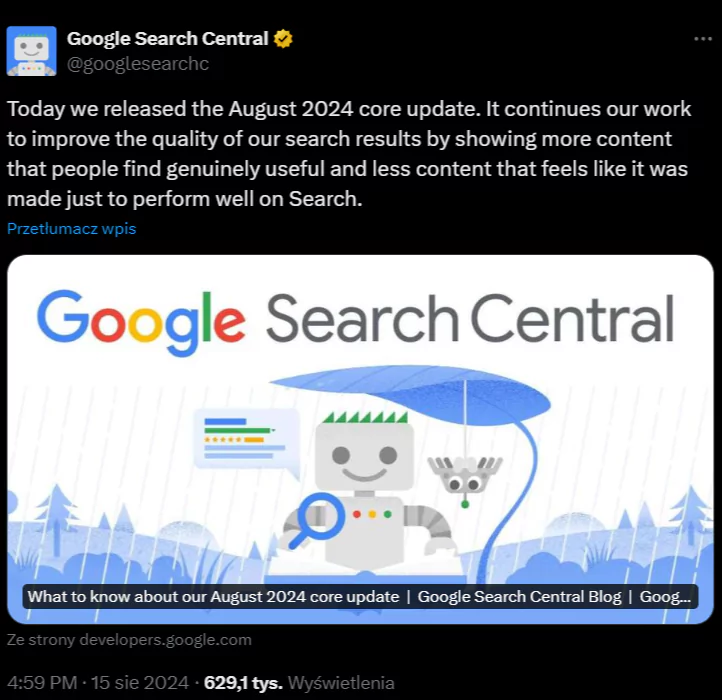 Wpis Google dotyczący Core Update