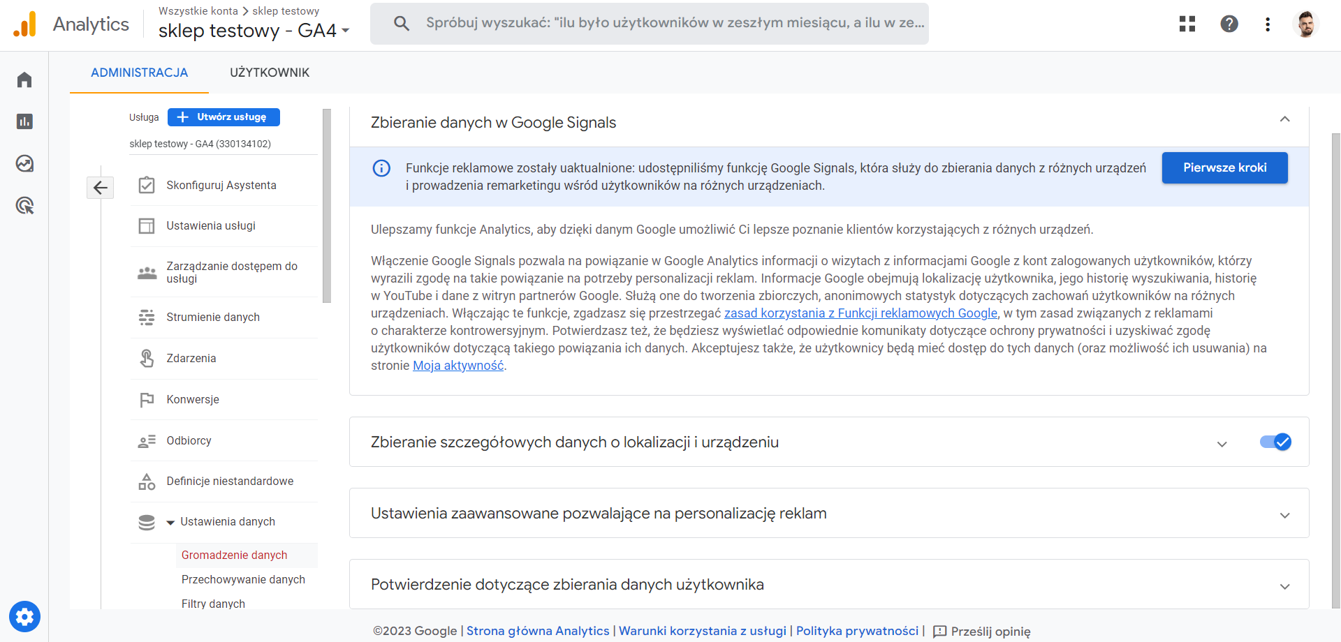 konfiguracja Google Analytics 4 - Google Signals