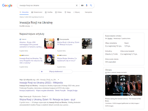 wyniki wyszukiwaniw Google inwazja Rosji na Ukrainę