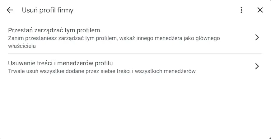 wizytówka Google Moja Firma - usuń profil