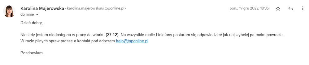 automatyczny mail o nieobecności