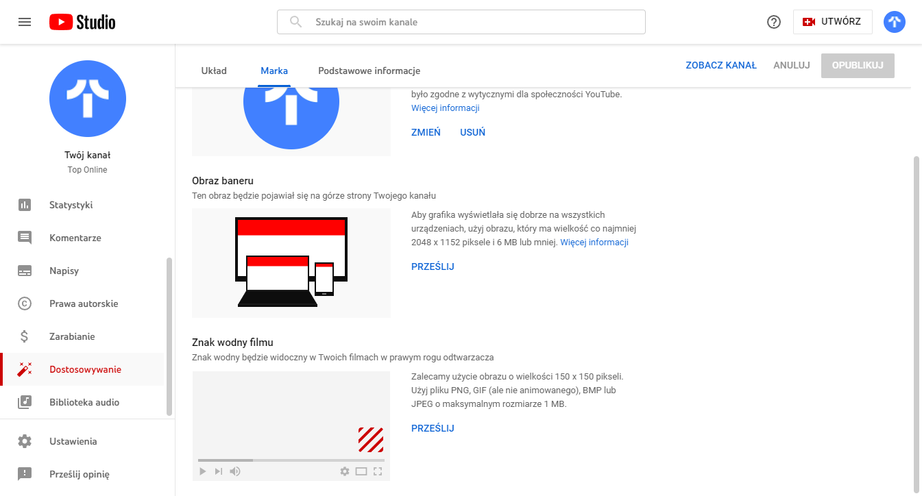 ustawienia znaku wodnego YouTube