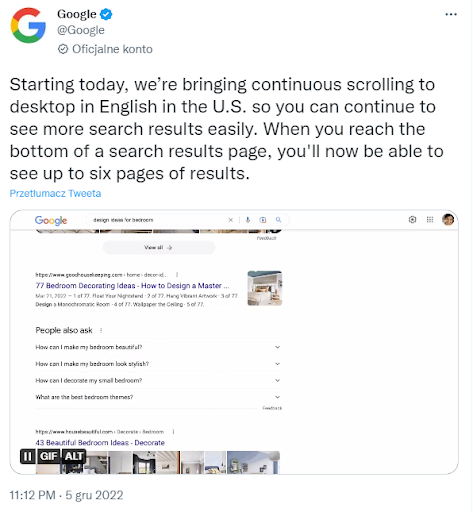 ogłoszenie infinity scroll w Google na desktop
