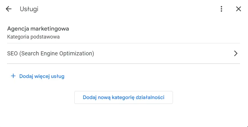 wizytówka Google Moja Firma - usługi