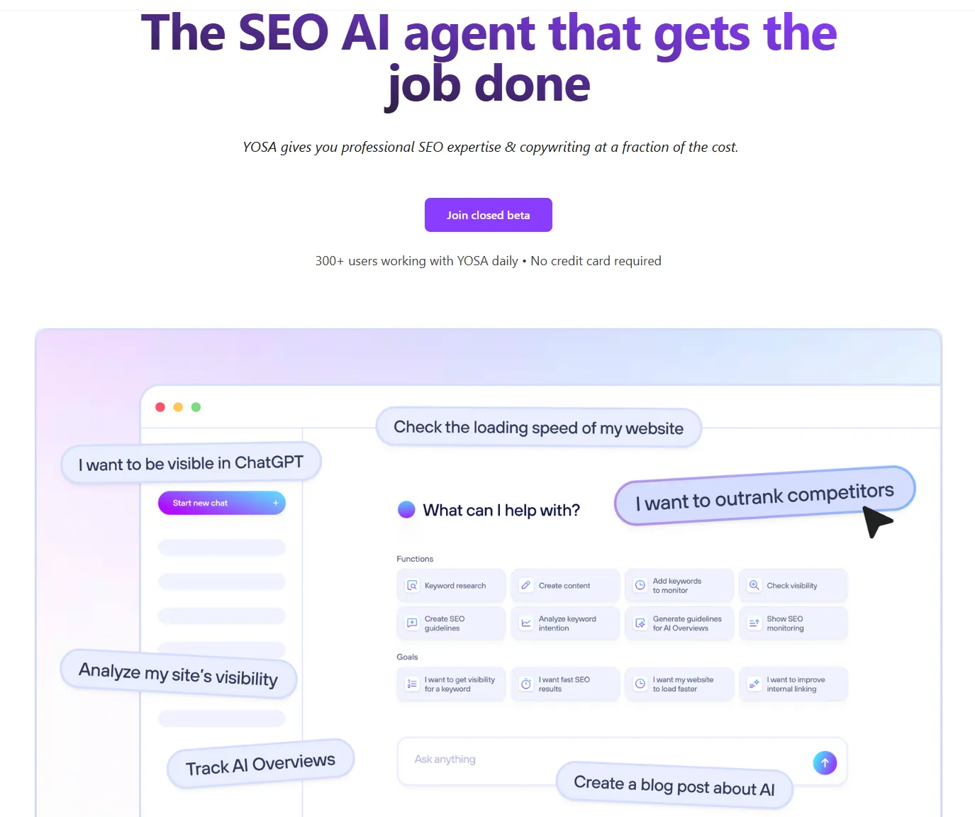 Sekcja hero na stronie głównej narzędzia YOSA.