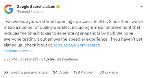 ogłoszenie pierwszego update Search Generative Experience