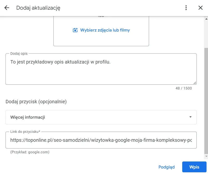 wizytówka Google Moja Firma - dodawanie aktualizacji