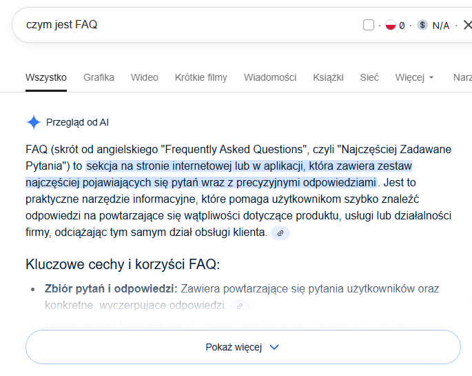 Przykład wyników AI Overviews w Google.