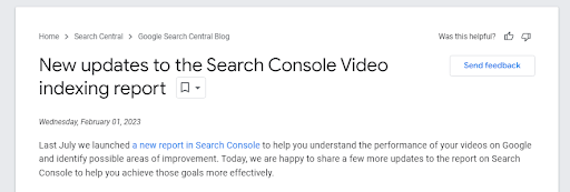 informacja o nowościach w raportach wideo w Search Console