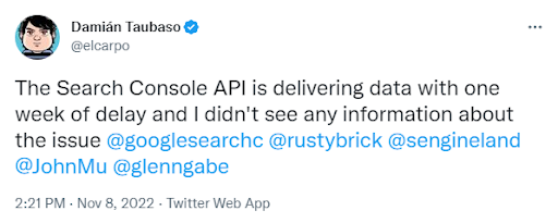 twit o błędzie opóźnionych danych w Search Console API